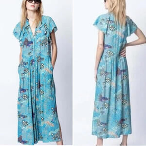 Zadig & Voltaire Ruskie Glam Rock Midi Dress Blue Printed Ruffled Womens XS EUC